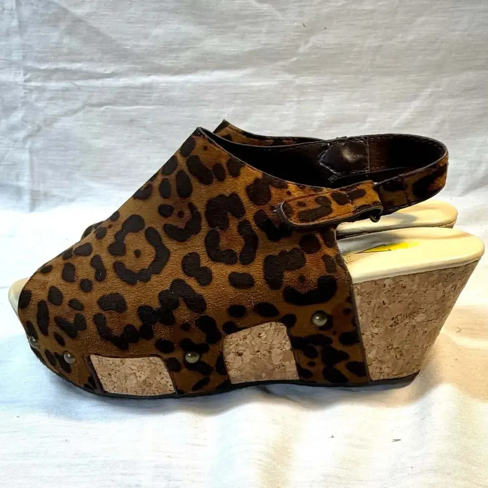 Volatile Leopard Print Suede Peep Toe Wedge Slingback Clog Platform Sandals Size